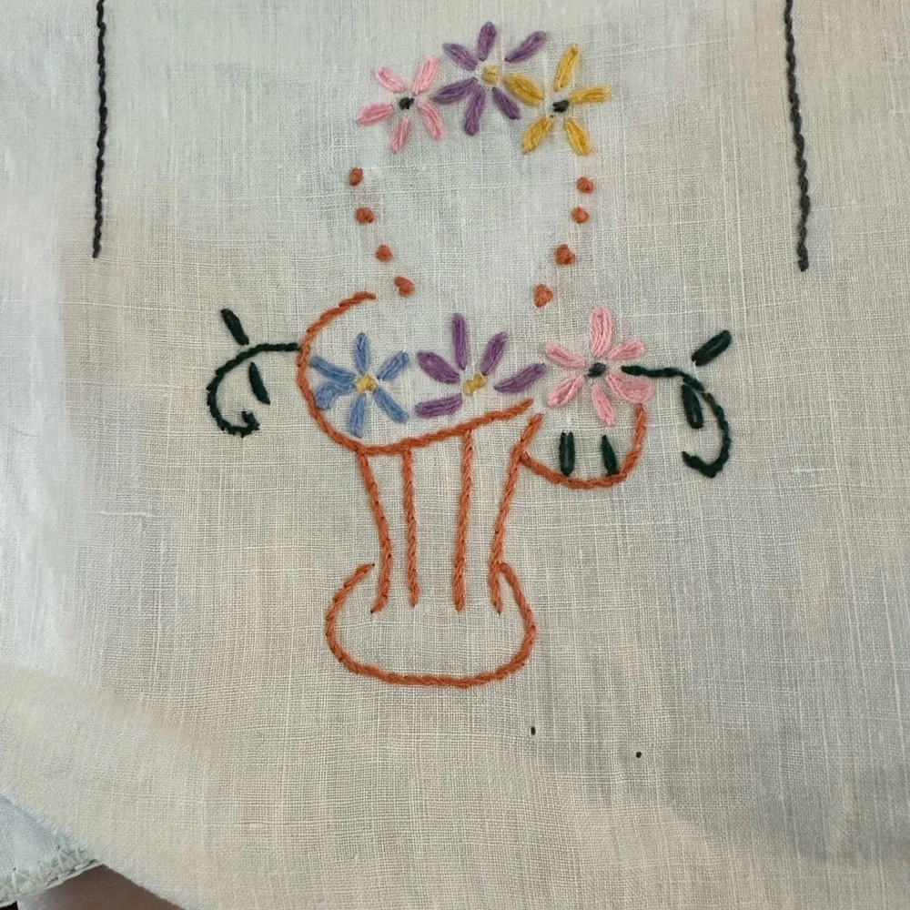 Vintage Pair of His and Hers Handmade Floral Embroidered Crocheted Hand Towels.